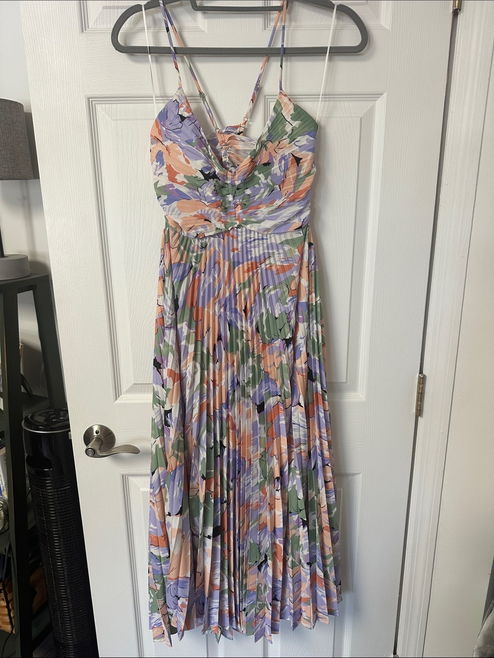 Astr Colorblock Floral Pleated Midi Dress in Lavender Peach Green